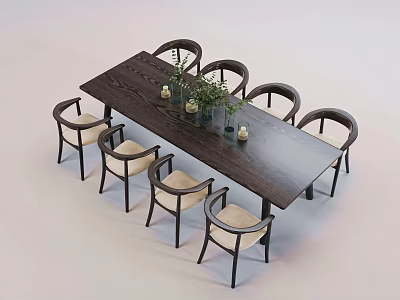 Dark Long Wooden Dining Table Set With Six Chairs Light Seats Green Plants And Candles 3d model