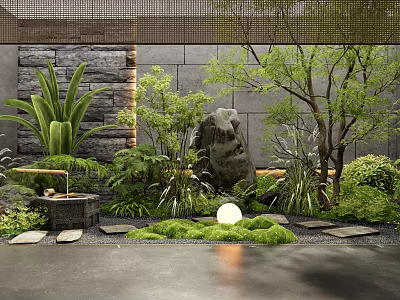 Indoor Landscape Design With Lush Green Plants Stone Feature And Pathway Lights 3d model