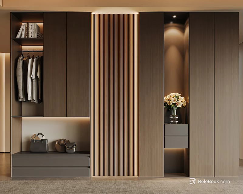 Modern Entryway Cabinet And Side Cabinet With Clothes Hanging Area Shoes Vase Flowers And Drawer 3d model 