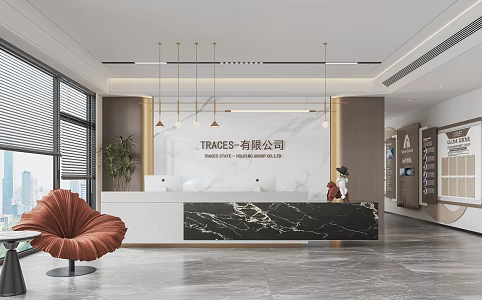 Modern Company Front Desk Background Wall Sofa Reception Area Sofa Chandelier Office Area 3d model