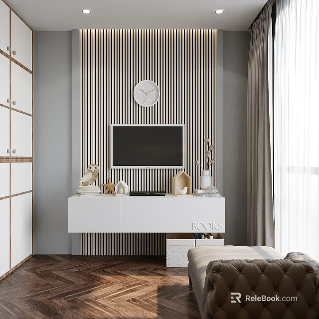 Modern Study Room Interior Design With Vertical Striped Wallpaper Round Clock White Furniture Herringbone Floor 3d model 