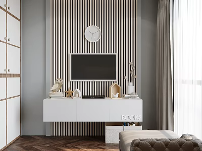 Modern Study Room Interior Design With Vertical Striped Wallpaper Round Clock White Furniture Herringbone Floor 3d model