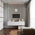 Modern Study Room Interior Design With Vertical Striped Wallpaper Round Clock White Furniture Herringbone Floor
