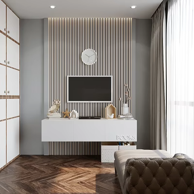 Modern Study Room Interior Design With Vertical Striped Wallpaper Round Clock White Furniture Herringbone Floor 3d model