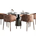 Round Dining Table Set With Brown Upholstered Chairs And Tableware Decor 3d model