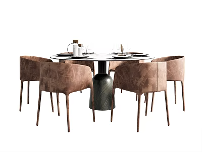 Round Dining Table Set With Brown Upholstered Chairs And Tableware Decor 3d model