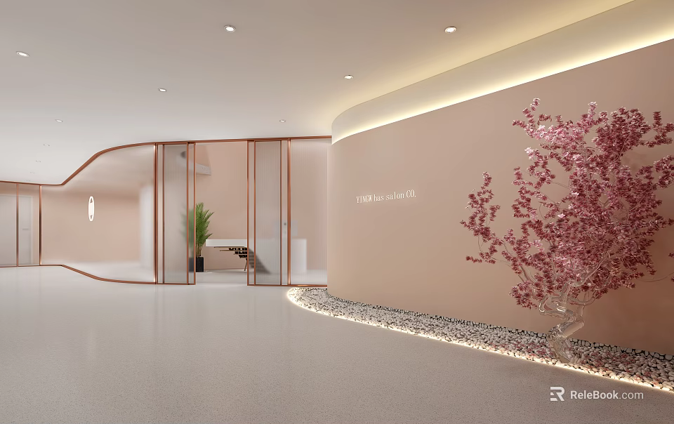 Elegant Modern Elevator Hallway Design With Curved Walls Soft Lighting Pink Flower And Pebble Decor 3d model 