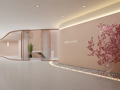 Elegant Modern Elevator Hallway Design With Curved Walls Soft Lighting Pink Flower And Pebble Decor 3d model