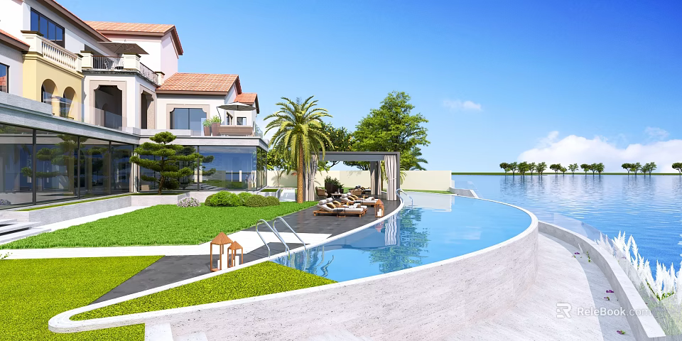 Luxury Villa Garden Landscape With Curved Swimming Pool Palm Trees Lush Lawn And Waterfront View 3d model 