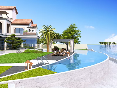 Luxury Villa Garden Landscape With Curved Swimming Pool Palm Trees Lush Lawn And Waterfront View 3d model