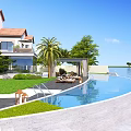 Luxury Villa Garden Landscape With Curved Swimming Pool Palm Trees Lush Lawn And Waterfront View