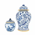 Traditional Blue and White Ceramic Vessels With Floral Patterns And Decorative Lids