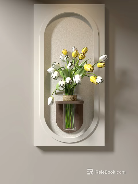 Modern Wall Decor with Glass Vase and Yellow White Tulips in Arched Wooden Holder 3d model 