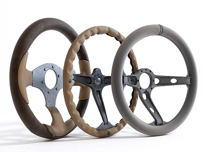 Three Stylish Steering Wheels with Leather Covers in Brown Beige and Gray 3d model