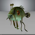 Green Cartoon Fish With Yellow Eyes Orange Spots And Striped Legs