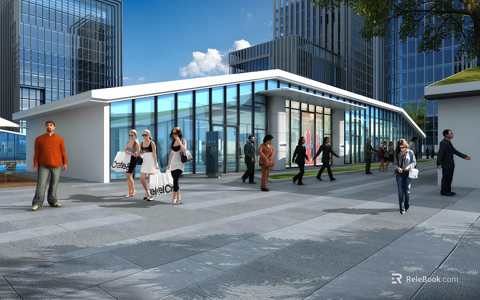 Modern Commercial Street With Glass Facade Buildings And Pedestrians Walking Near High Rise Skyscrapers 3d model 