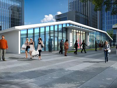 Modern Commercial Street With Glass Facade Buildings And Pedestrians Walking Near High Rise Skyscrapers 3d model