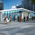 Modern Commercial Street With Glass Facade Buildings And Pedestrians Walking Near High Rise Skyscrapers