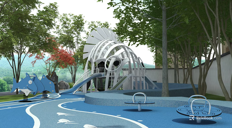 Creative Playground Equipment With Fish Shaped Structure Slides Blue Floor And Spinning Seats 3d model