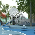 Creative Playground Equipment With Fish Shaped Structure Slides Blue Floor And Spinning Seats 3d model
