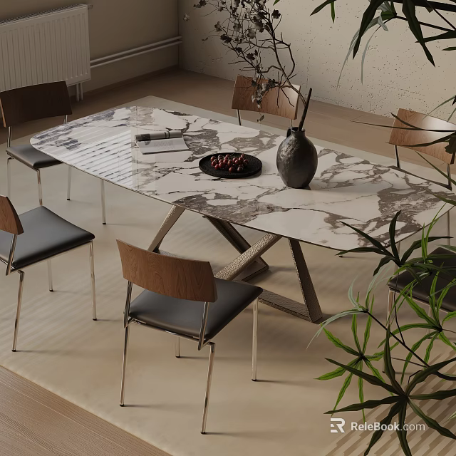 Modern Dining Table Set With Marble Tabletop Wooden Chairs Metal Legs And Decorative Vase 3d model 