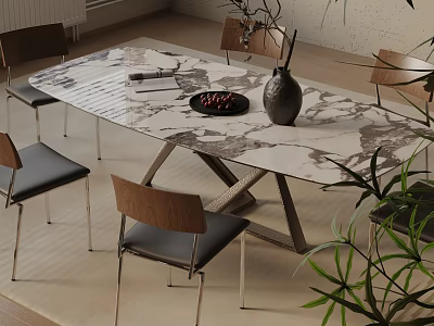 Modern Dining Table Set With Marble Tabletop Wooden Chairs Metal Legs And Decorative Vase 3d model