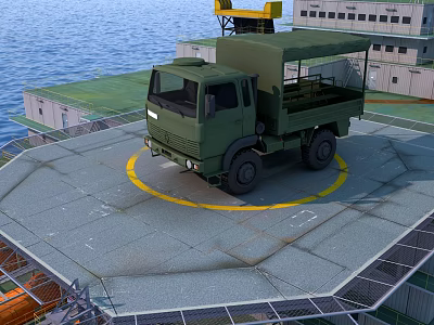 Green Military Functional Truck Parked On Platform With Waterfront And Industrial Buildings 3d model