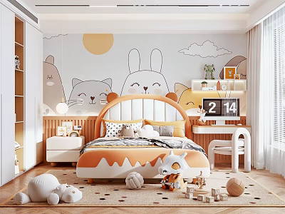 Kids Bedroom With Cartoon Animal Murals Cozy Bed And Toys 3d model