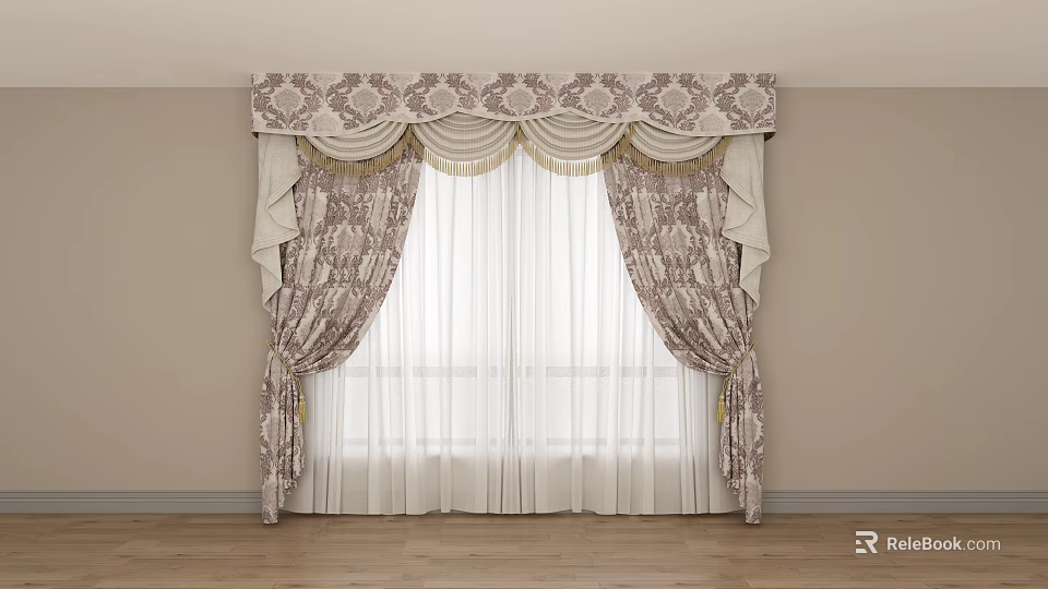 Elegant Patterned Curtains With Ornate Valance And Sheer White Panels 3d model 