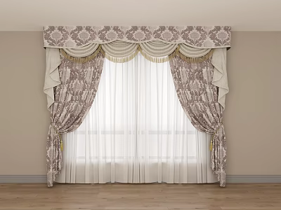 Elegant Patterned Curtains With Ornate Valance And Sheer White Panels 3d model