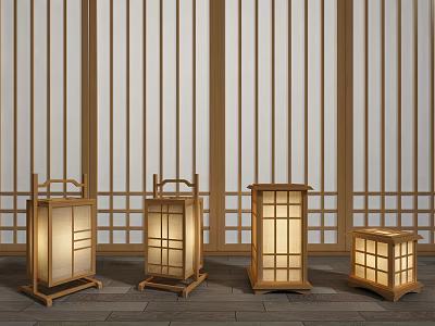 Japanese Style Outdoor Lights With Wooden Frame And Lattice Design For Garden 3d model