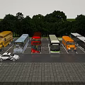 Different Types of Buses Parked in Outdoor Parking Lot With Green Trees Blue Sky