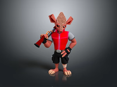 3D Fantasy Character With Large Ears Red Vest Black Shorts Holding Blaster In Standing Pose 3d model