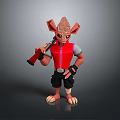 3D Fantasy Character With Large Ears Red Vest Black Shorts Holding Blaster In Standing Pose