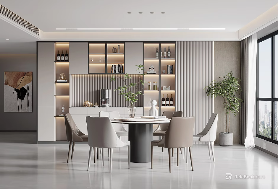 Modern Restaurant Interior With Round Dining Table Gray Chairs And LED Lit Wine Cabinets 3d model 