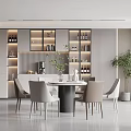 Modern Restaurant Interior With Round Dining Table Gray Chairs And LED Lit Wine Cabinets