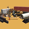 Industrial Scrapyard With Excavator Shipping Containers Metal Pipes Wooden Crates And Rail Tracks