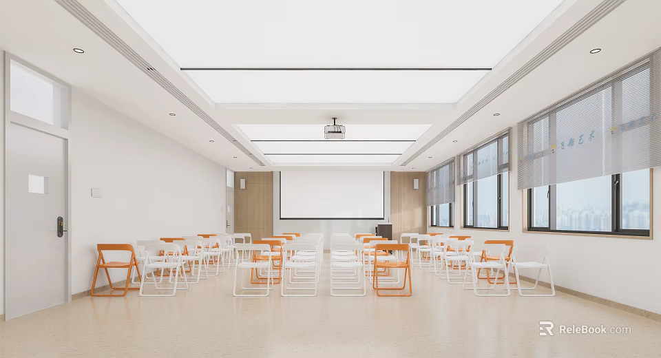 Spacious Conference Room Interior With Projection Screen Wooden Accent Wall White Orange Chairs And Windows 3d model 