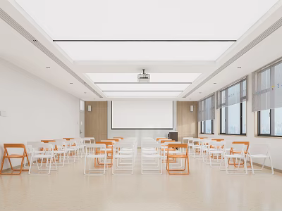 Spacious Conference Room Interior With Projection Screen Wooden Accent Wall White Orange Chairs And Windows 3d model