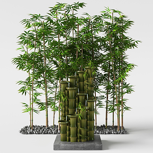 New Chinese gardening sketch bamboo pebbles flowing water scenery 3d model