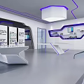 Futuristic Exhibition Hall Interior With Blue Lines Ceiling Lights Large Screen DNA Display And Windows