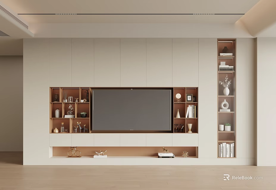 Modern TV Wall Cabinet Design with Storage Compartments Decorative Items and Books 3d model 