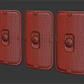 Three Decorative Shields Featuring Red Yellow Patterns Wooden Panel And Red Black Metal Accents