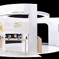White Exhibition Booth With Circular Ceiling Light Black Backdrop Display Shelves Screens And Wooden Counters