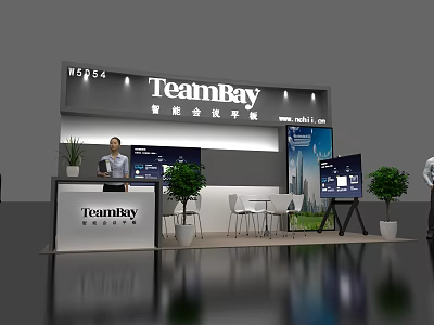 TeamBay Exhibition Booth W5D54 with Person Display Screen Plants and Tables 3d model