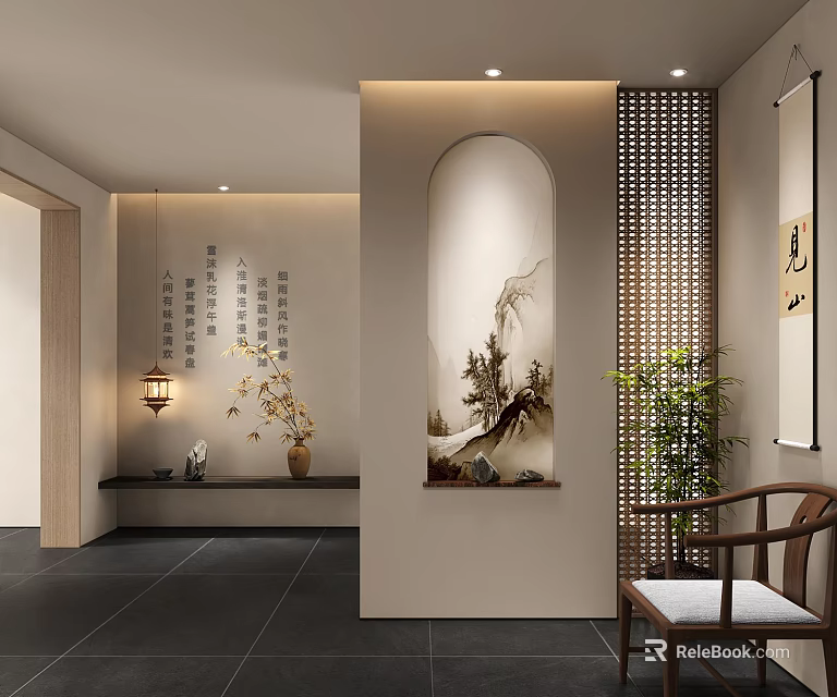 Chinese Modern Entryway Hallway With Lattice Landscape Painting And Green Plants 3d model 