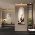 Chinese Modern Entryway Hallway With Lattice Landscape Painting And Green Plants