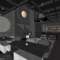 Modern Restaurant Interior With Dark Grid Ceiling Circular Lights Light Strips Black Tables And Chairs