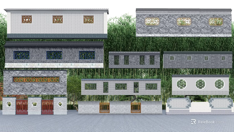Chinese Style Garden Feature Wall With Stone Bricks Carved Windows And Circular Decorative Elements 3d model 