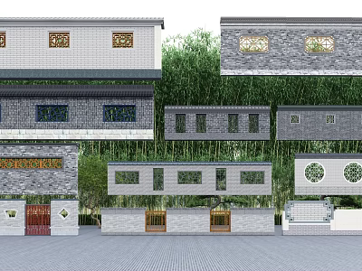 Chinese Style Garden Feature Wall With Stone Bricks Carved Windows And Circular Decorative Elements 3d model